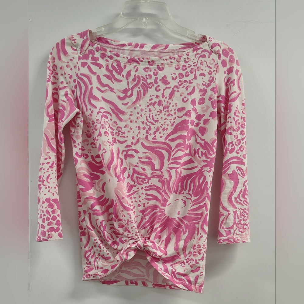 Lilly Pulitzer 'Get Spotted' Pink Lion Top Boat Neck Tie-Waist Sz XS - Picture 2 of 6